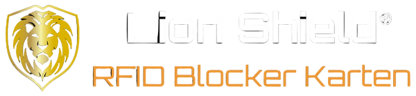 Ein goldener Schild auf dem ein golernes Löwenlogo sitzt. Die Marke Lion Shield® ist ausgeschrieben und präsentiert das Produkt die RFID Blocker Karten